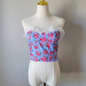 Vintage Style Floral Lace Bustier Top–Stretch Back Y2K Blue Rose Corset Crop
